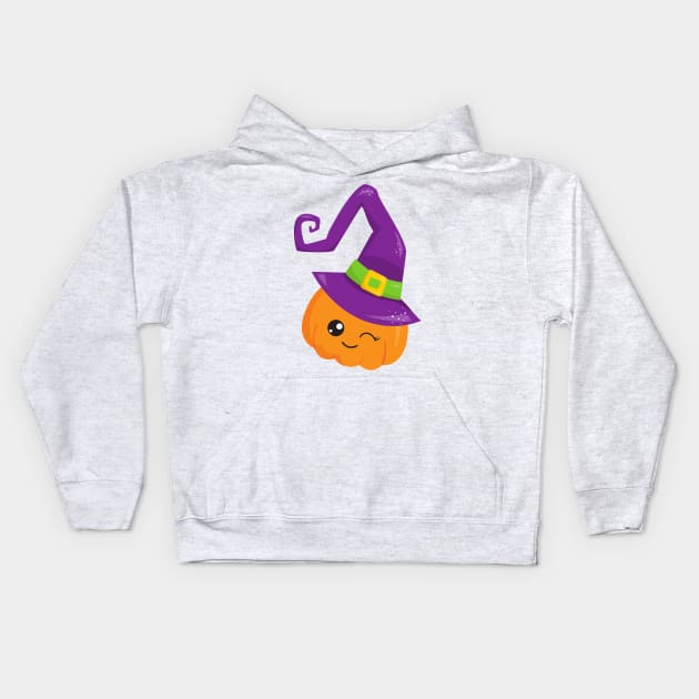 Halloween, Pumpkin, Witch Hat, Trick Or Treat Kids Hoodie by Jelena Dunčević